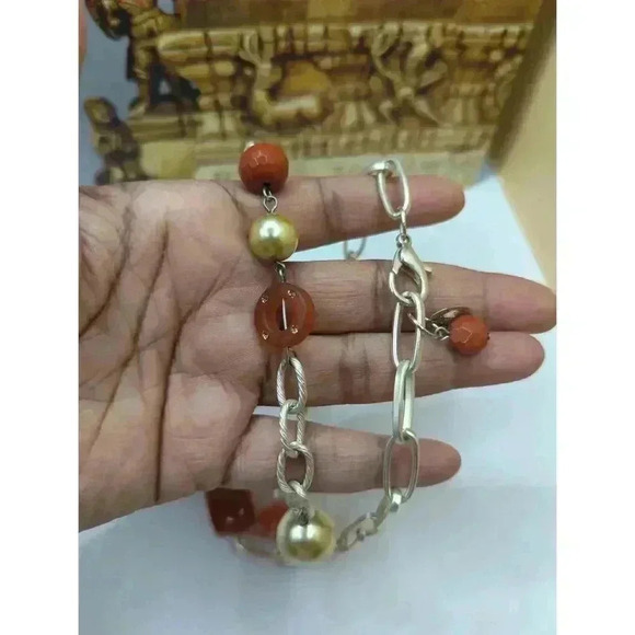 Gay Isber silvertone Chain Necklace With Red Metal Stone Beads 26 Inches - Picture 3 of 4